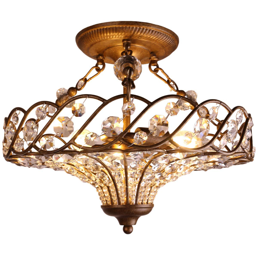 FRENCISCO 16.1" Round Crystal Chandelier Antique Brass - 7Pandas USA Lighting Store