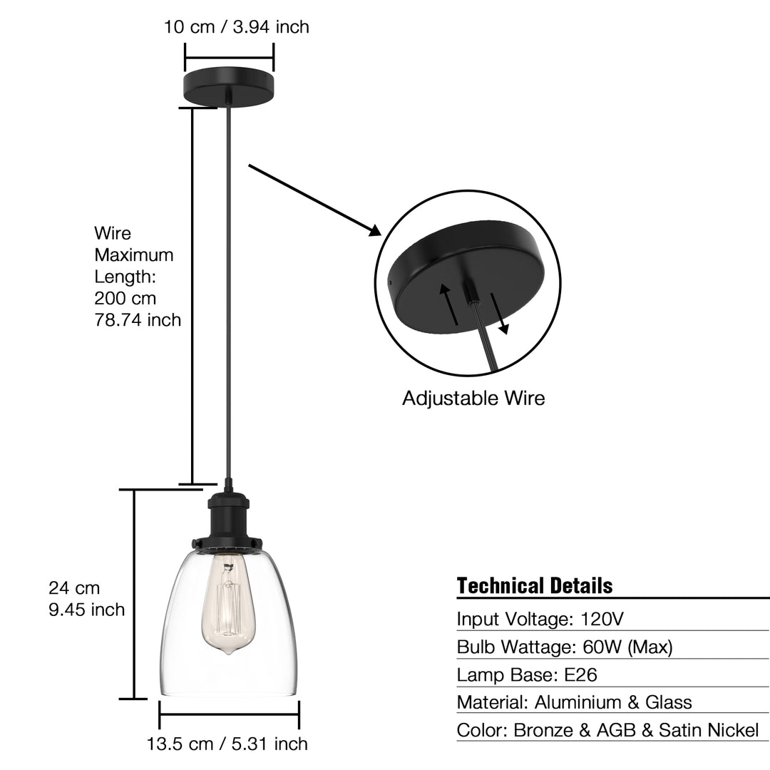 Winer Modern Vintage Glass Pendant Light Clear Dome Lampshade E26 - 7Pandas USA Lighting Store