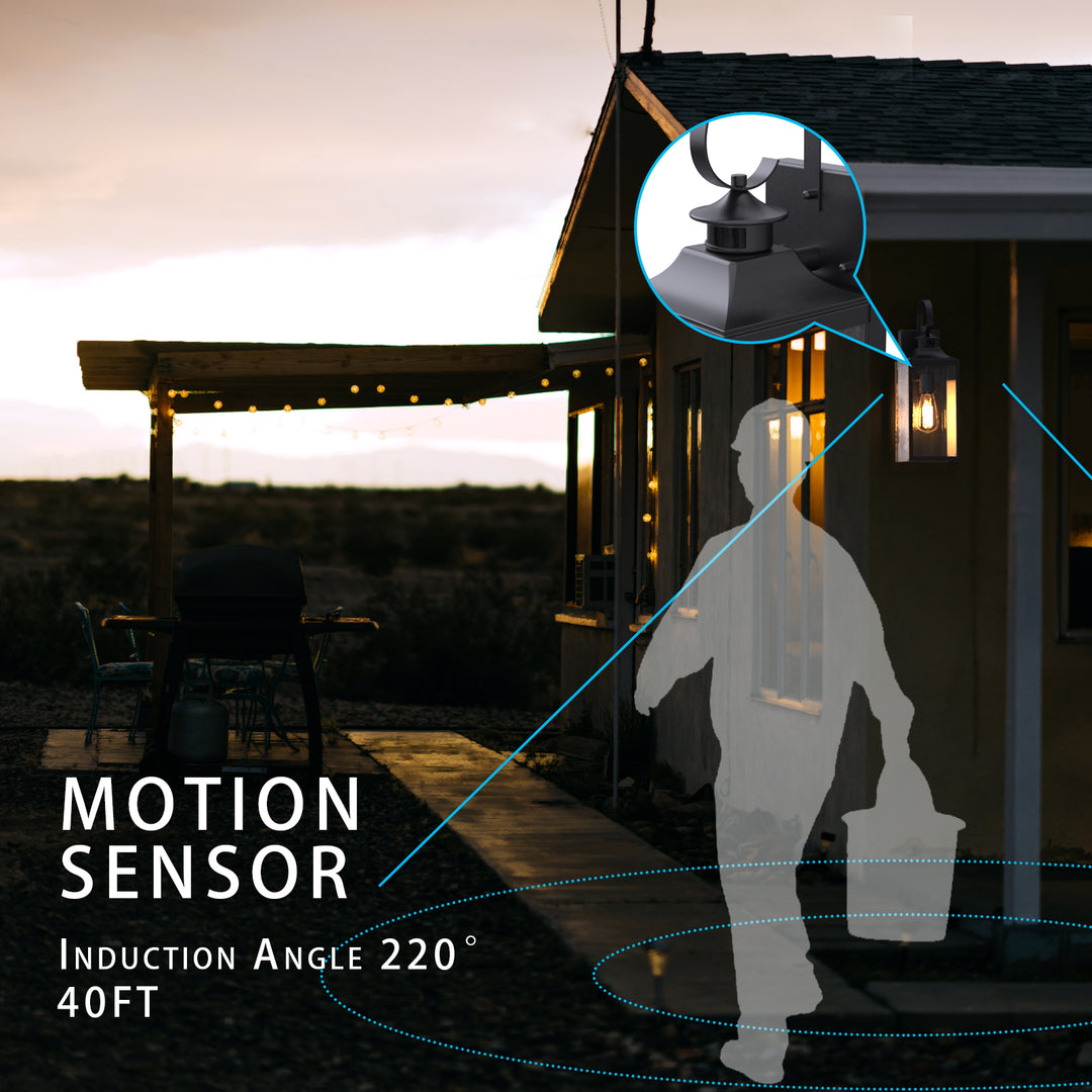 RITZ Motion Sensor Outdoor Exterior Wall Sconce Glass Matt Black E26 IP44 - 7Pandas USA Lighting Store