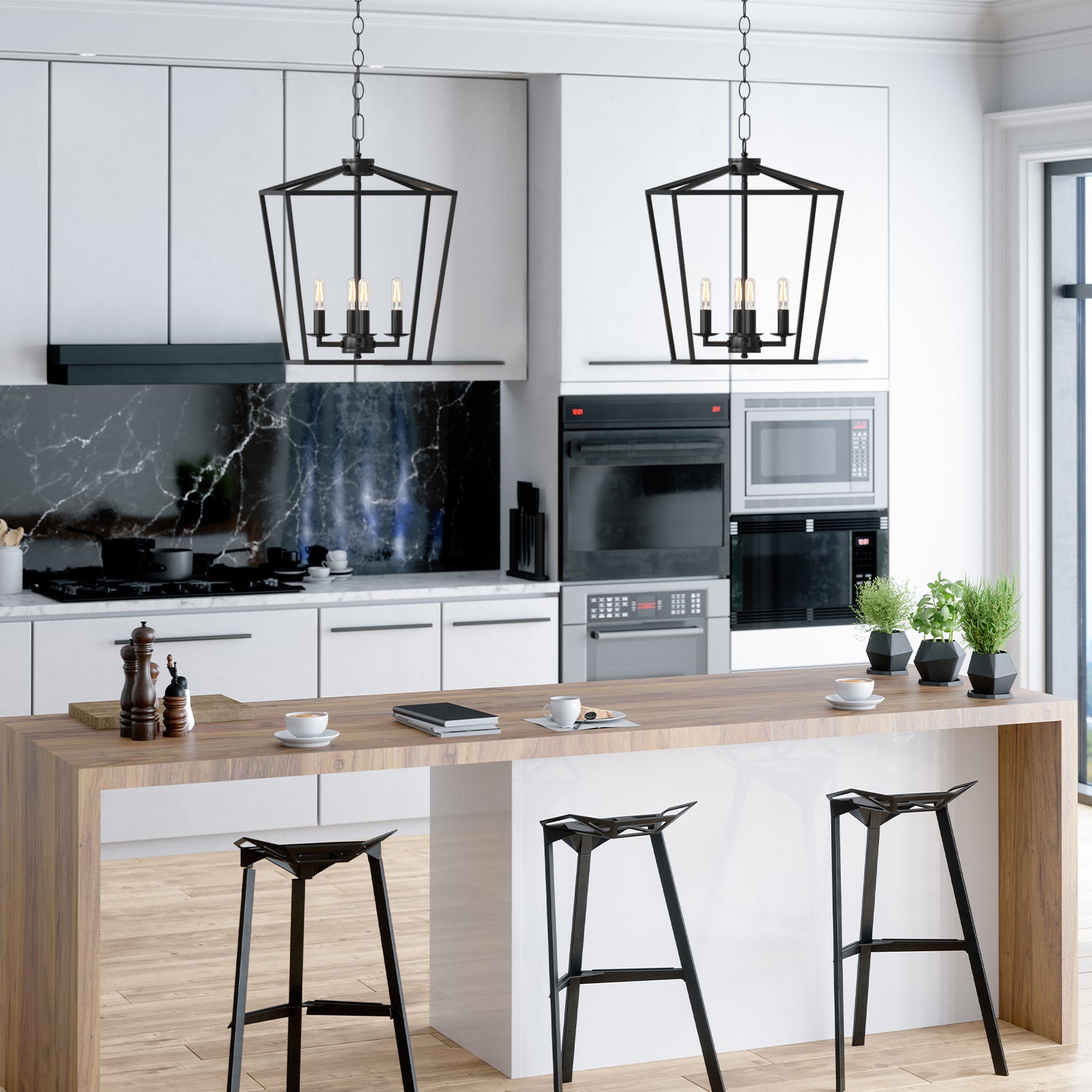 thumbnail interactive-video image 1 of PUZHI HOME Industrial 4-Light Pendant - Black Farmhouse Kitchen Island Chandelier, Adjustable Height, Sloped Ceiling Compatible 1 of 10